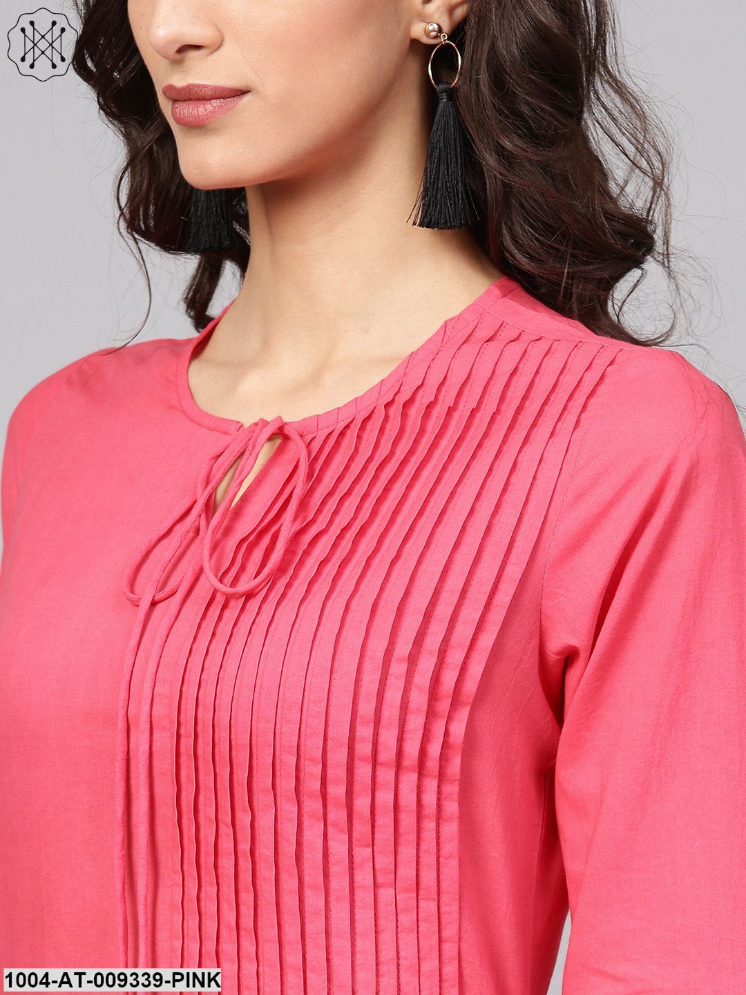 Cotton Pink Even Pleated Yoke With Keyhole Neckline & 3/4 Sleeves