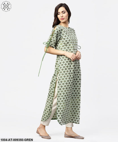 Green Printed Half Sleeve Cotton Kurta With Dori Work On Sleeves