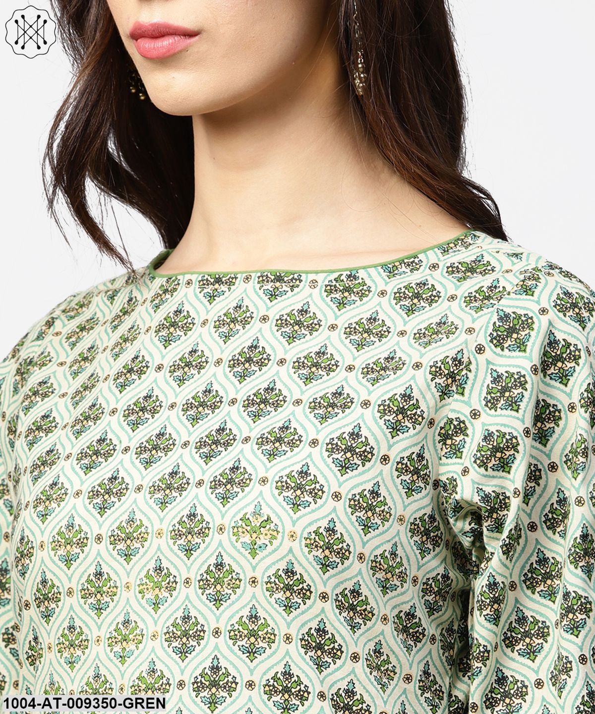 Green Printed Half Sleeve Cotton Kurta With Dori Work On Sleeves