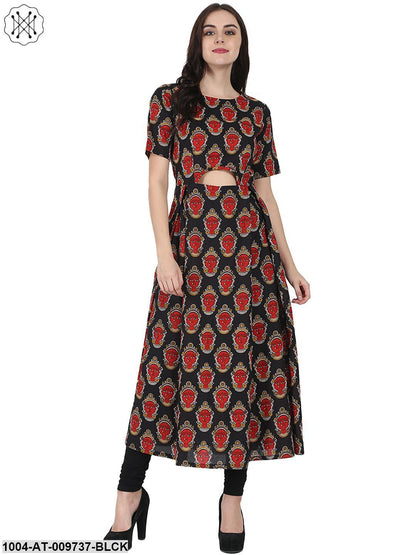 Black Printed Half Sleeve Cotton Anarkali Kurta