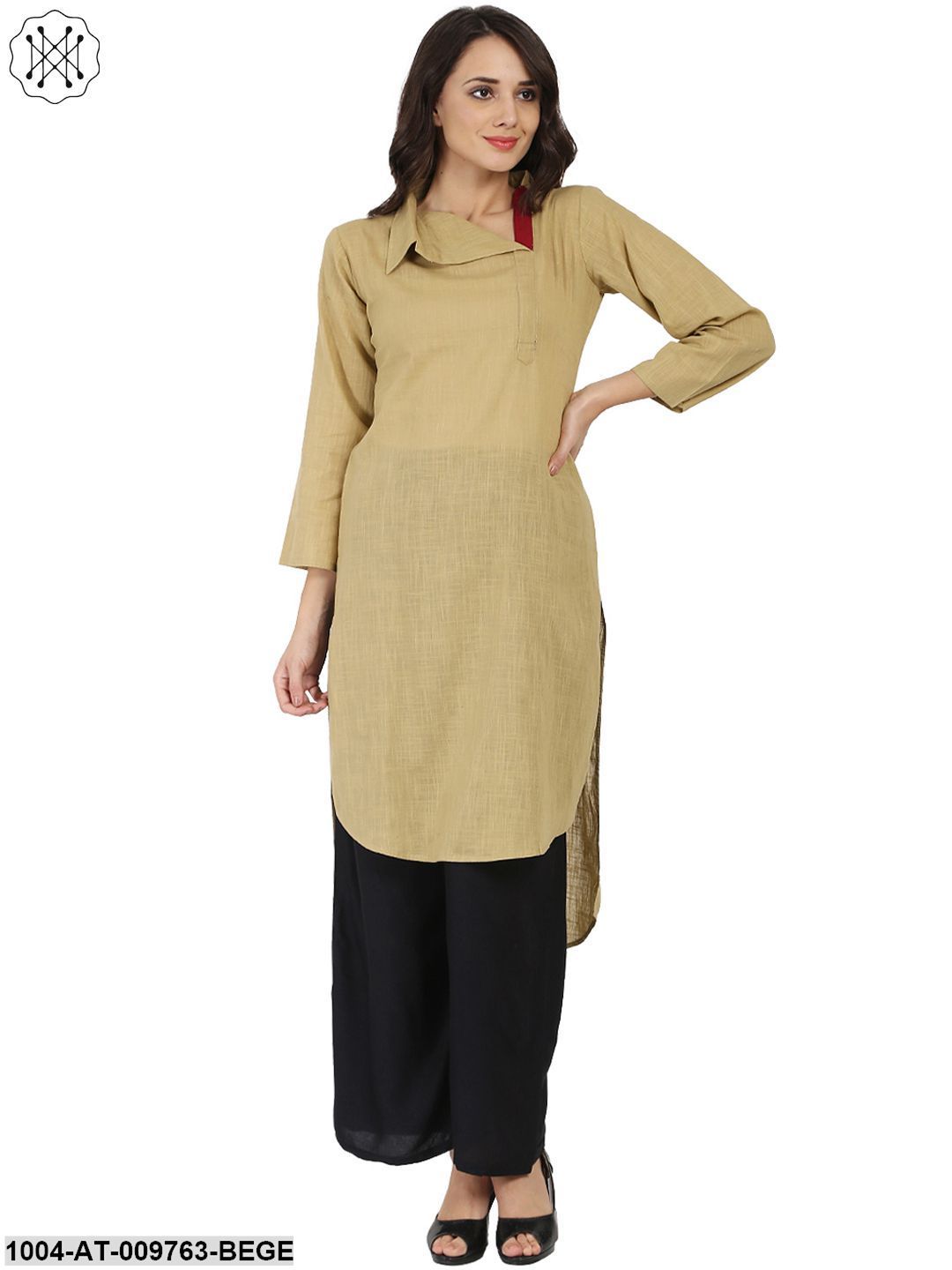 Beige 3/4Th Sleeve Cotton Slub Straight Kurta