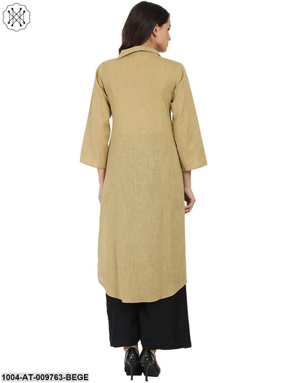 Beige 3/4Th Sleeve Cotton Slub Straight Kurta