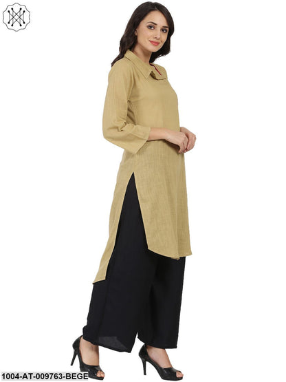 Beige 3/4Th Sleeve Cotton Slub Straight Kurta