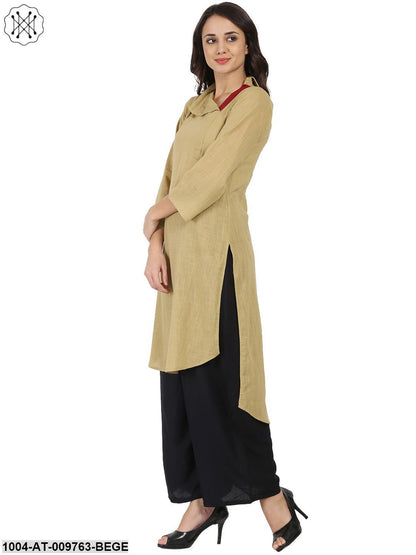 Beige 3/4Th Sleeve Cotton Slub Straight Kurta