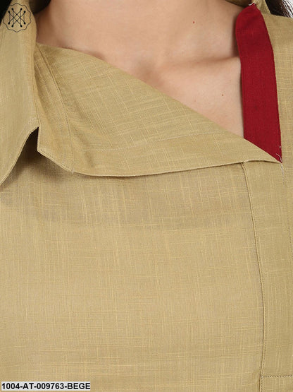 Beige 3/4Th Sleeve Cotton Slub Straight Kurta