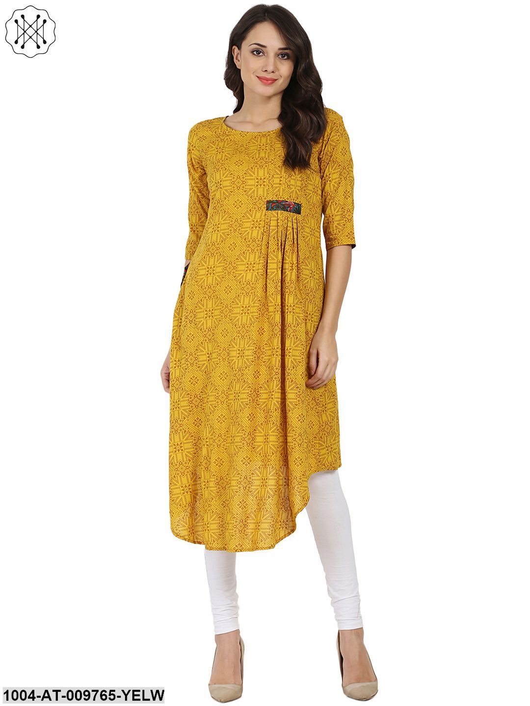 Yellow Printed Half Sleeve Rayon A-Line Kurta