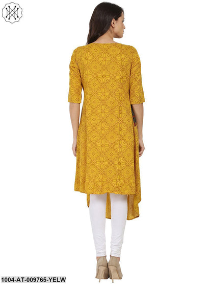 Yellow Printed Half Sleeve Rayon A-Line Kurta