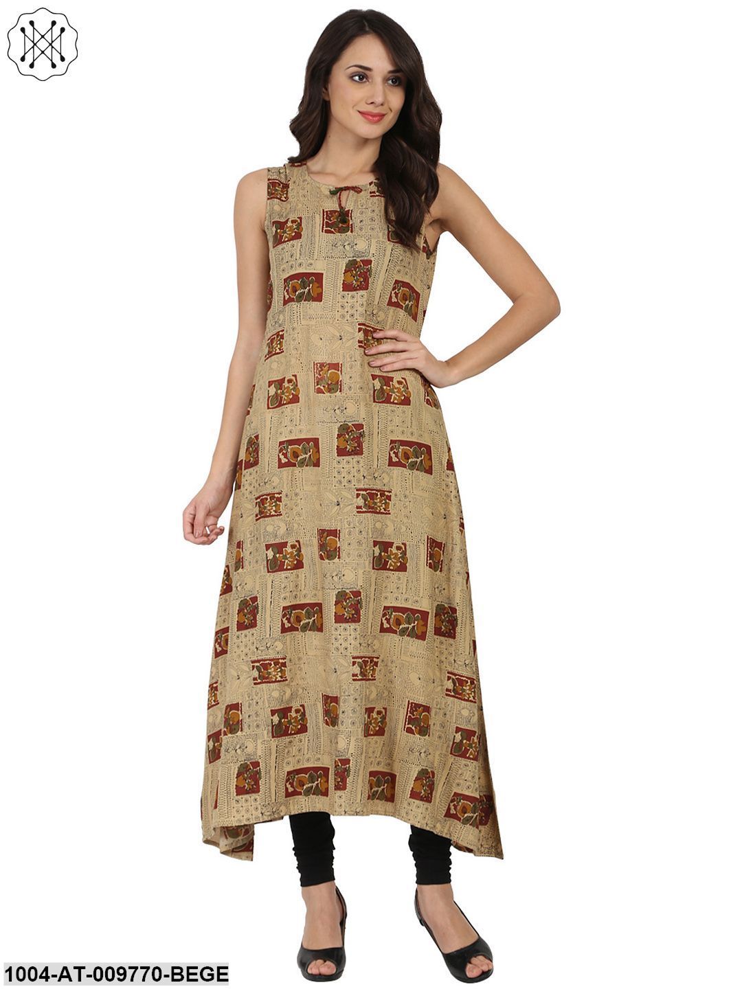 Beige Printed Sleeveless Cotton Anarkali Kurta