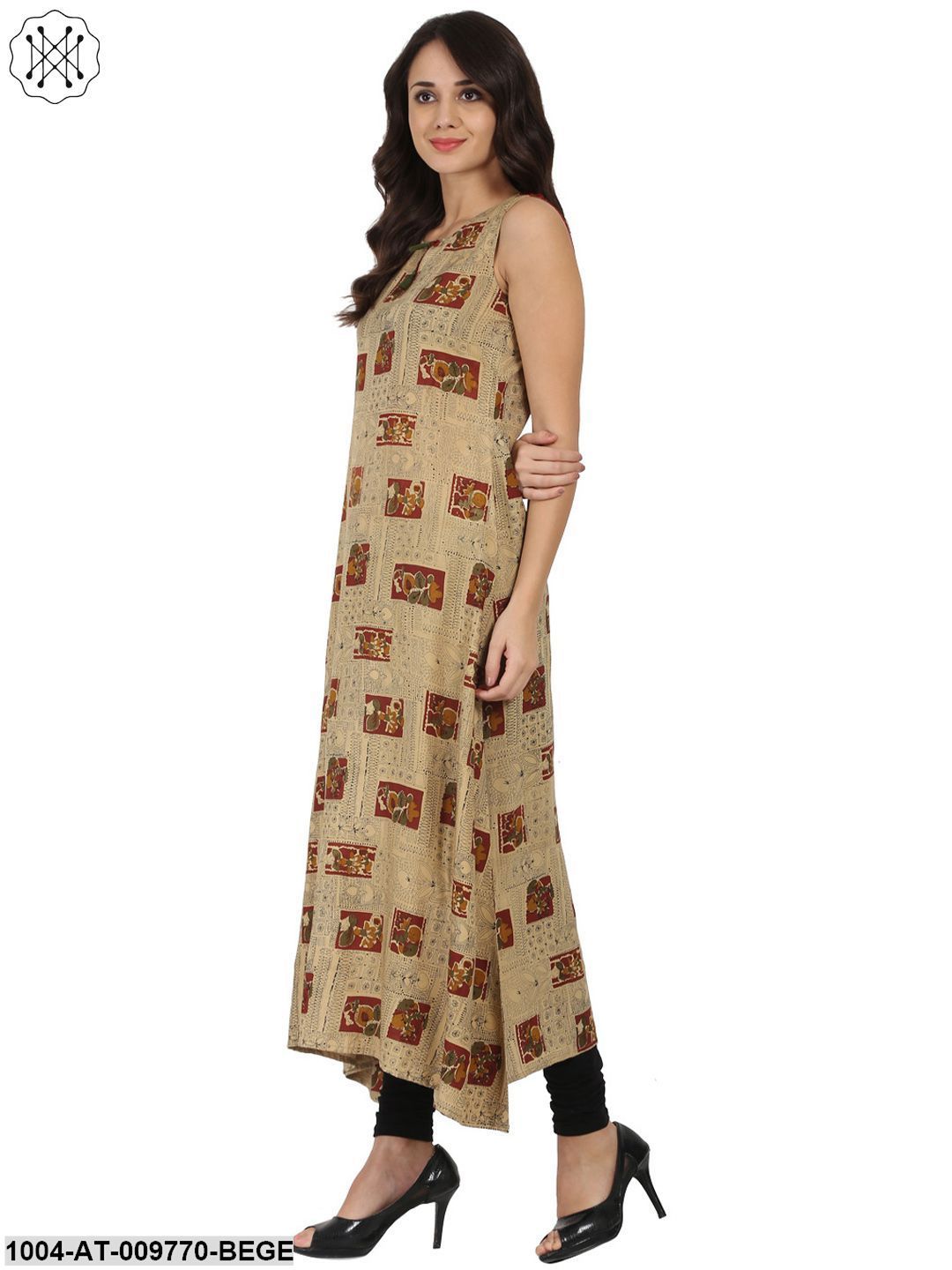 Beige Printed Sleeveless Cotton Anarkali Kurta