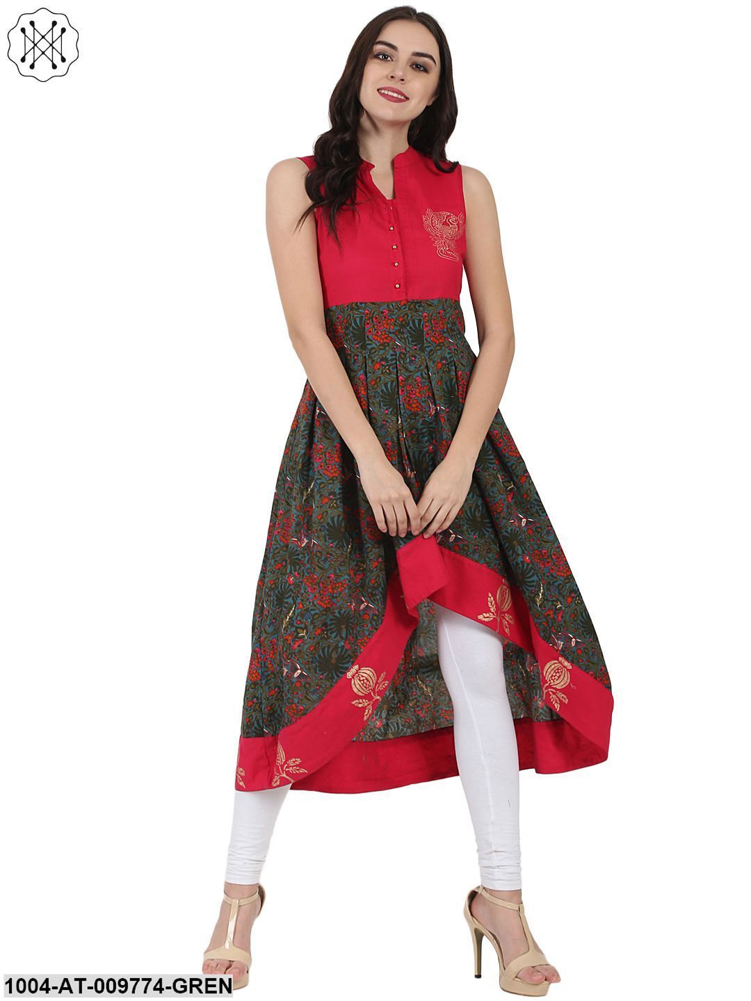 Red & Green Printed Sleeveless Anarkali Kurta