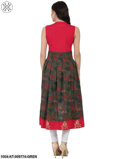 Red & Green Printed Sleeveless Anarkali Kurta