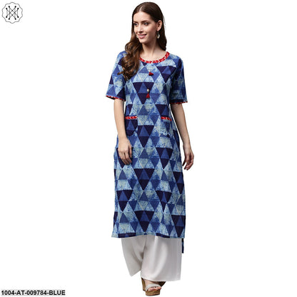 Blue Printed Half Sleeve Cotton Straight Kurta With Pocket