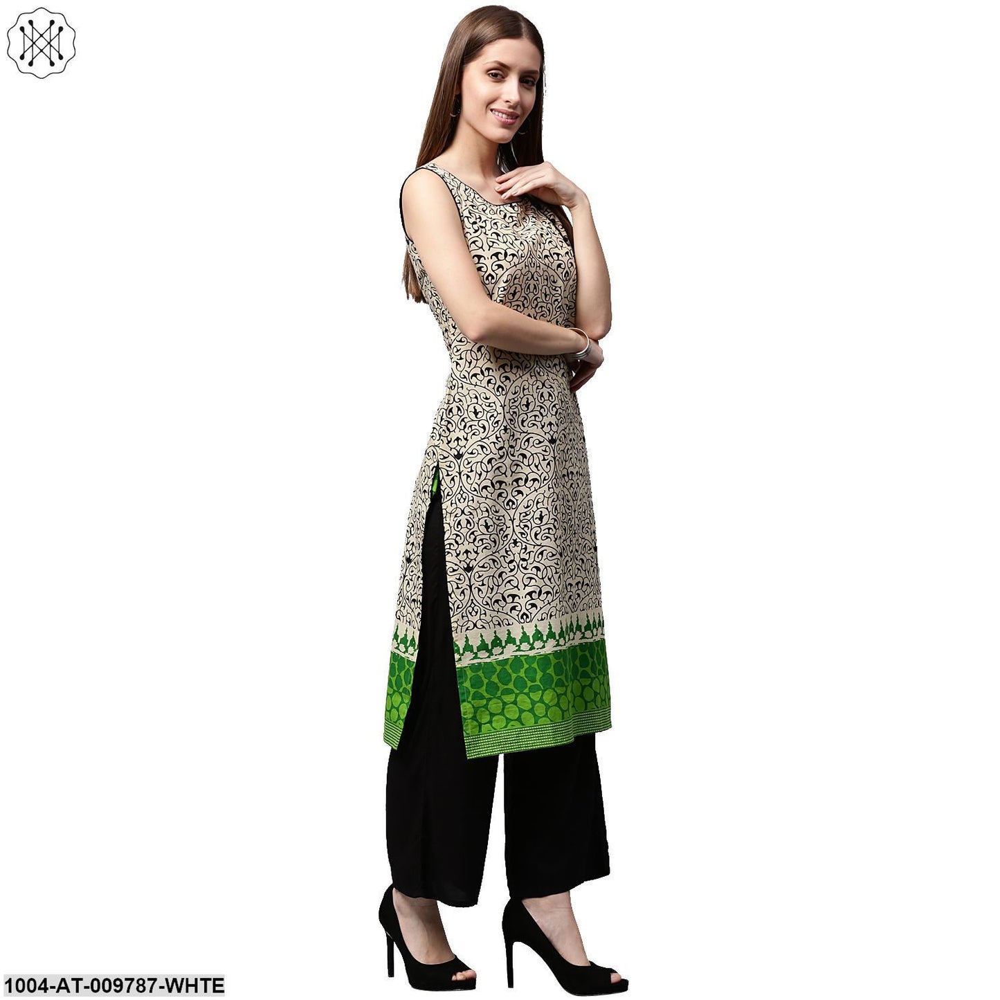 White Printed Sleeveless Cotton Kurta