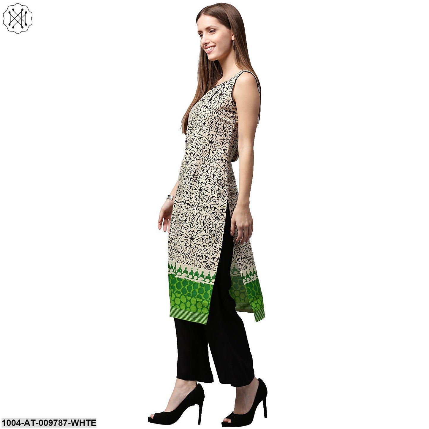 White Printed Sleeveless Cotton Kurta