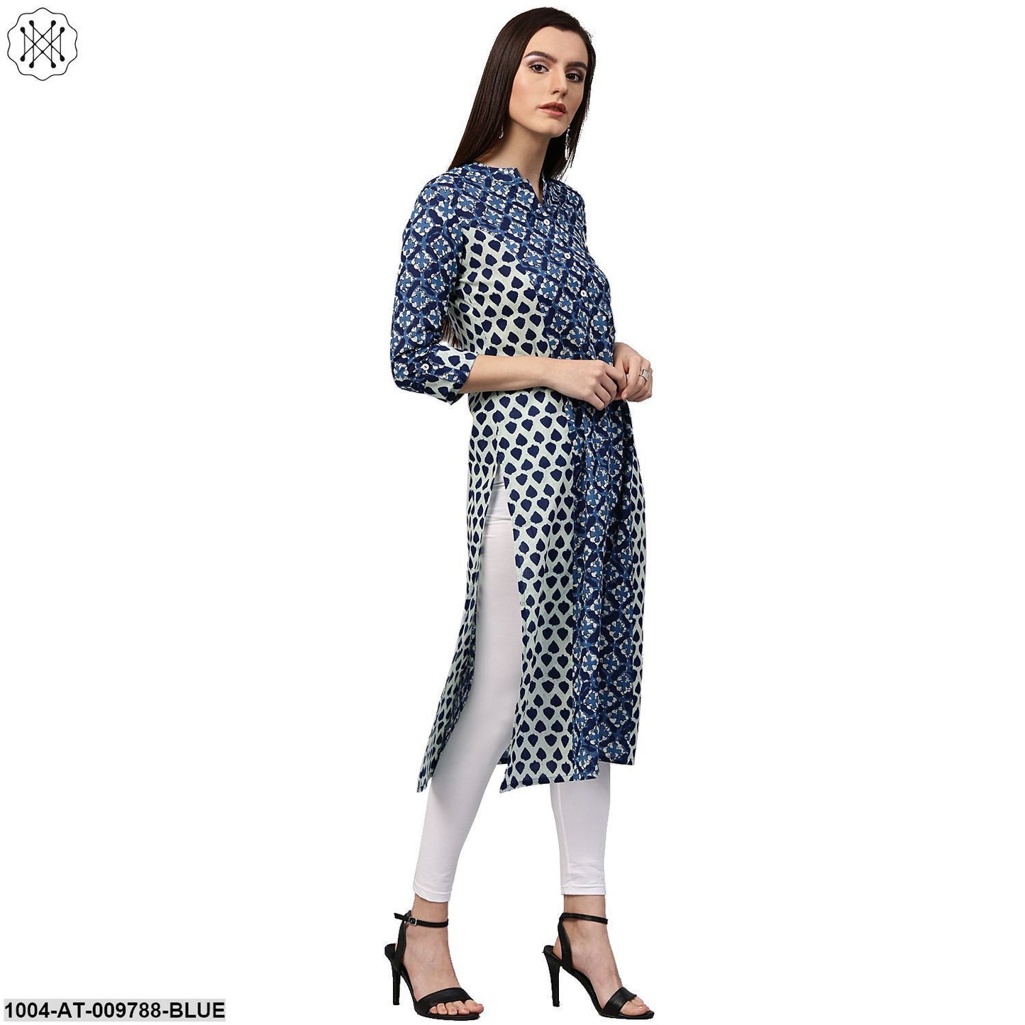 Blue Printed 3/4Th Sleeve Cotton A-Line Kurta