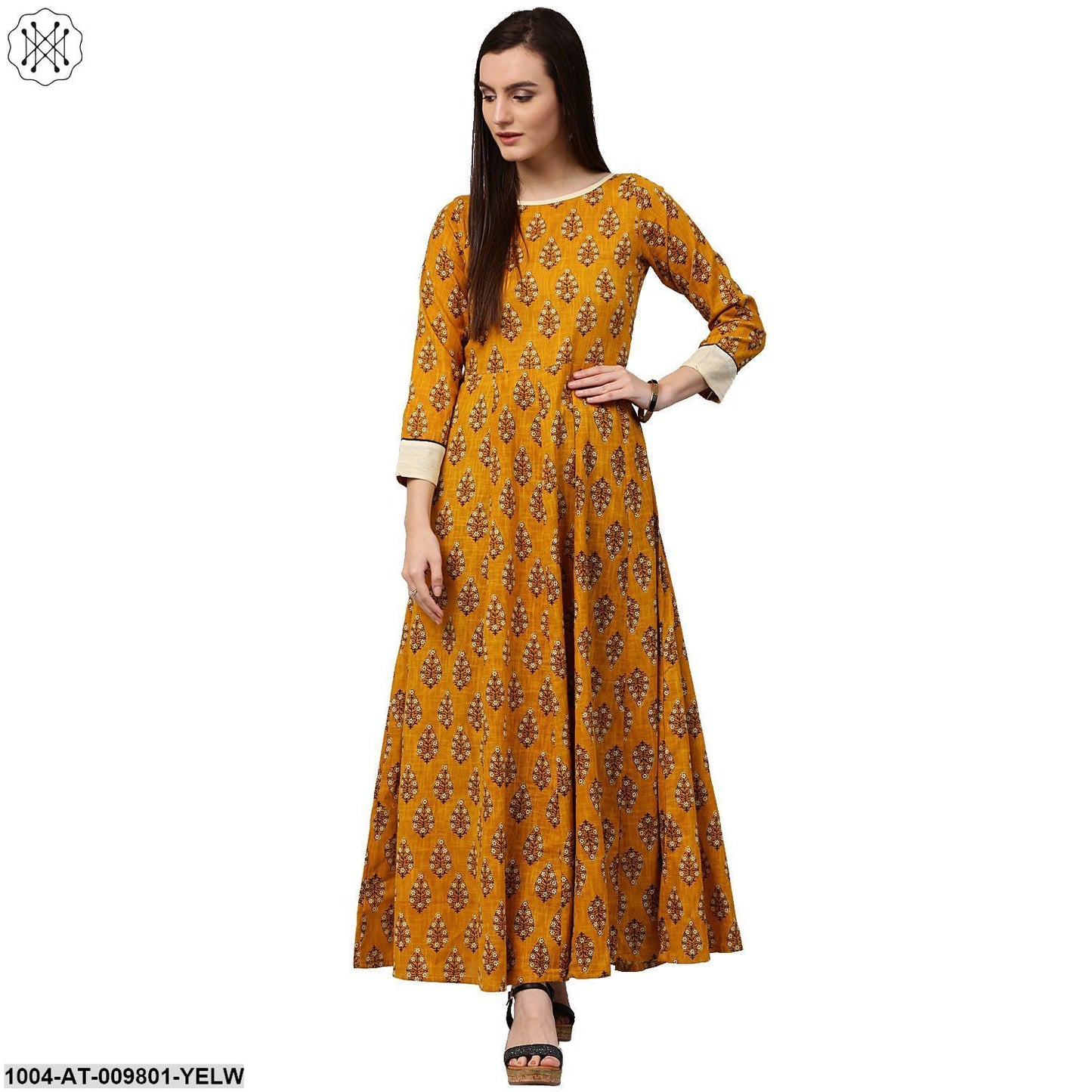 Yellow Printed 3/4Th Sleeve Cotton A-Line Kurta