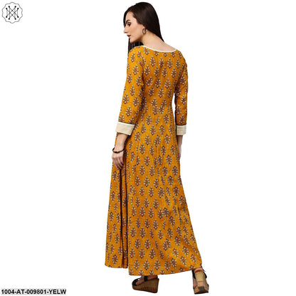 Yellow Printed 3/4Th Sleeve Cotton A-Line Kurta