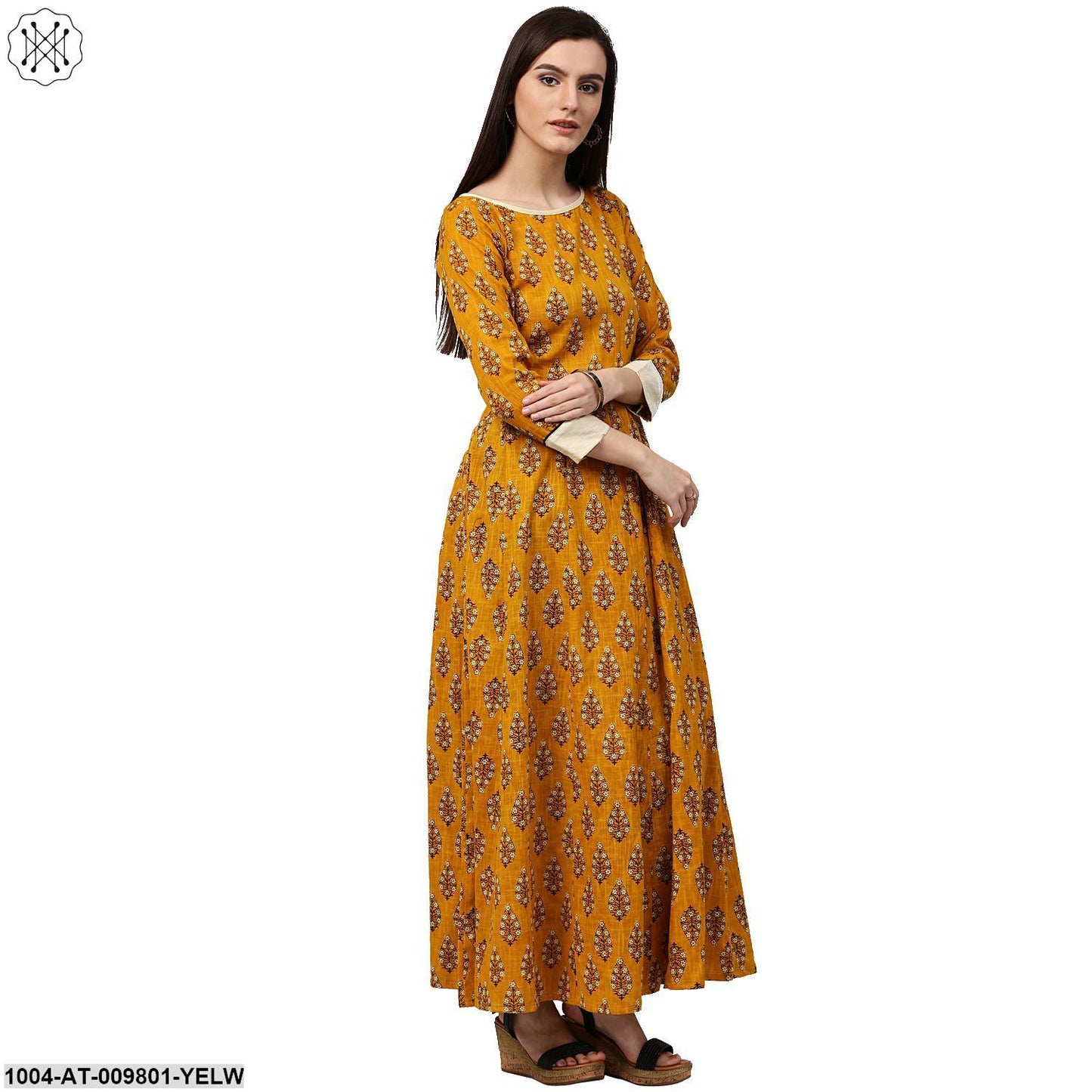 Yellow Printed 3/4Th Sleeve Cotton A-Line Kurta