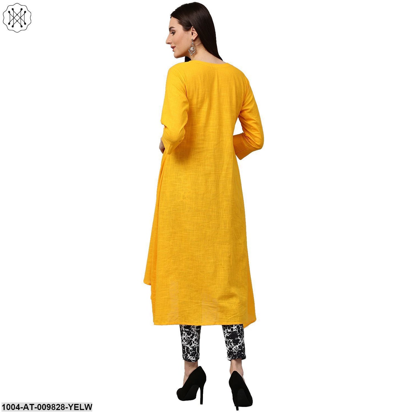 Yellow 3/4Th Sleeve Cotton Slub Assymetrical Anarkali Kurta