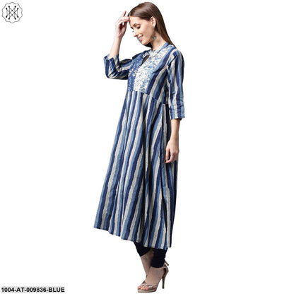 Blue Printed 3/4Th Sleeve Cotton A-Line Kurta