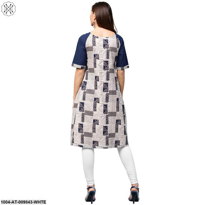 White Printed Half Sleeve Cotton A-Line Kurta With Dori Work At Neck