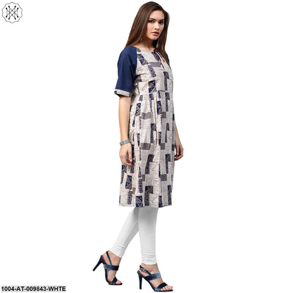 White Printed Half Sleeve Cotton A-Line Kurta With Dori Work At Neck