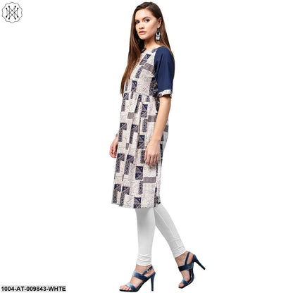 White Printed Half Sleeve Cotton A-Line Kurta With Dori Work At Neck