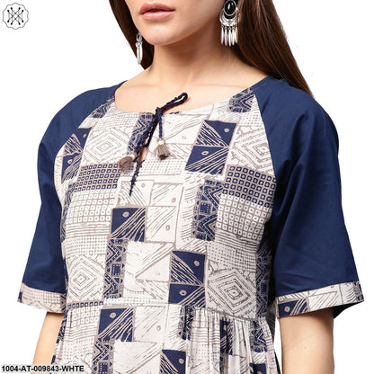 White Printed Half Sleeve Cotton A-Line Kurta With Dori Work At Neck