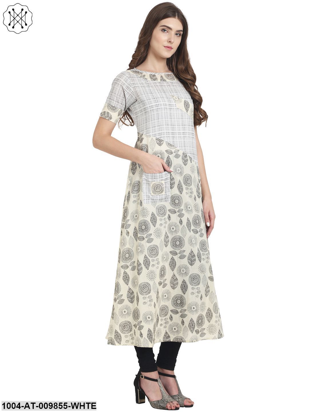 White Printed Half Sleeve Cotton A-Line Kurta