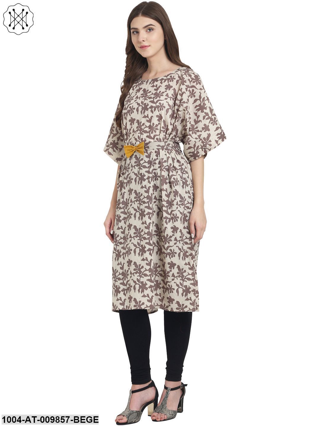 Beige & Brown Printed Half Sleeve Cotton Kurta