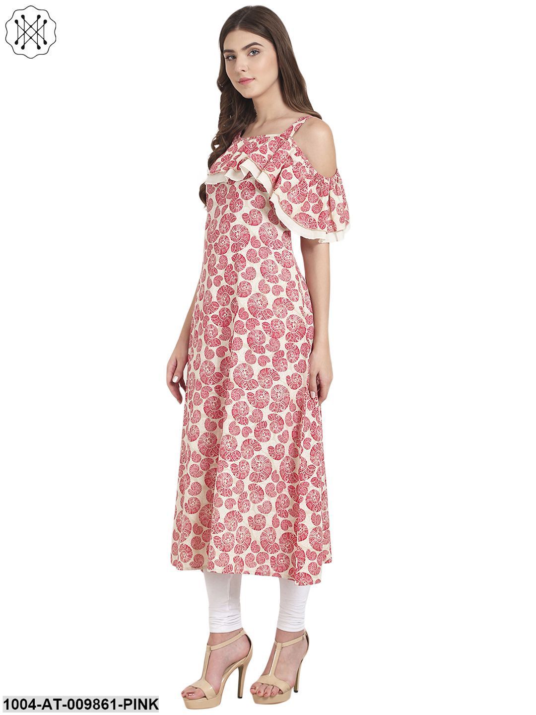 Pink Printed One Shoulder Sleeve Cotton Kurta