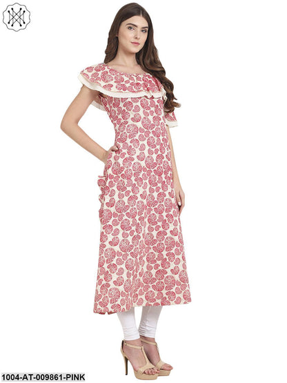 Pink Printed One Shoulder Sleeve Cotton Kurta