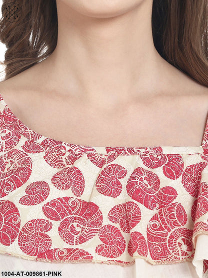 Pink Printed One Shoulder Sleeve Cotton Kurta