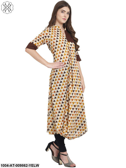 Yellow Half Sleeve Cotton Half A-Line Cowl Draped Kurta