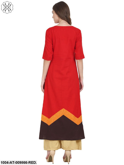 Red Half Sleeve Cotton A-Line Front Slit Kurta