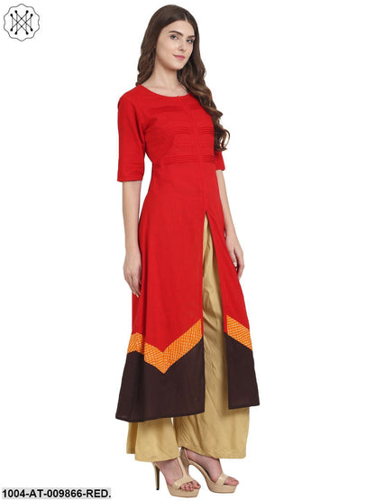 Red Half Sleeve Cotton A-Line Front Slit Kurta