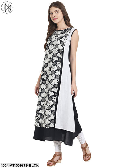 Black Sleevless Cotton A-Line Kurta With Printed Layer