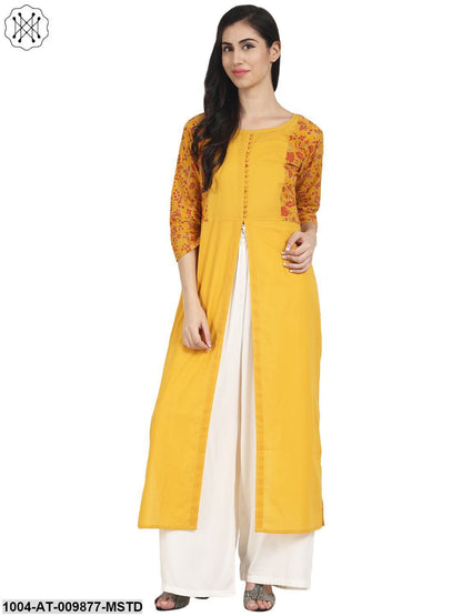 Mustard Yellow Cotton 3/4Th Sleeve Front Slit Kurta