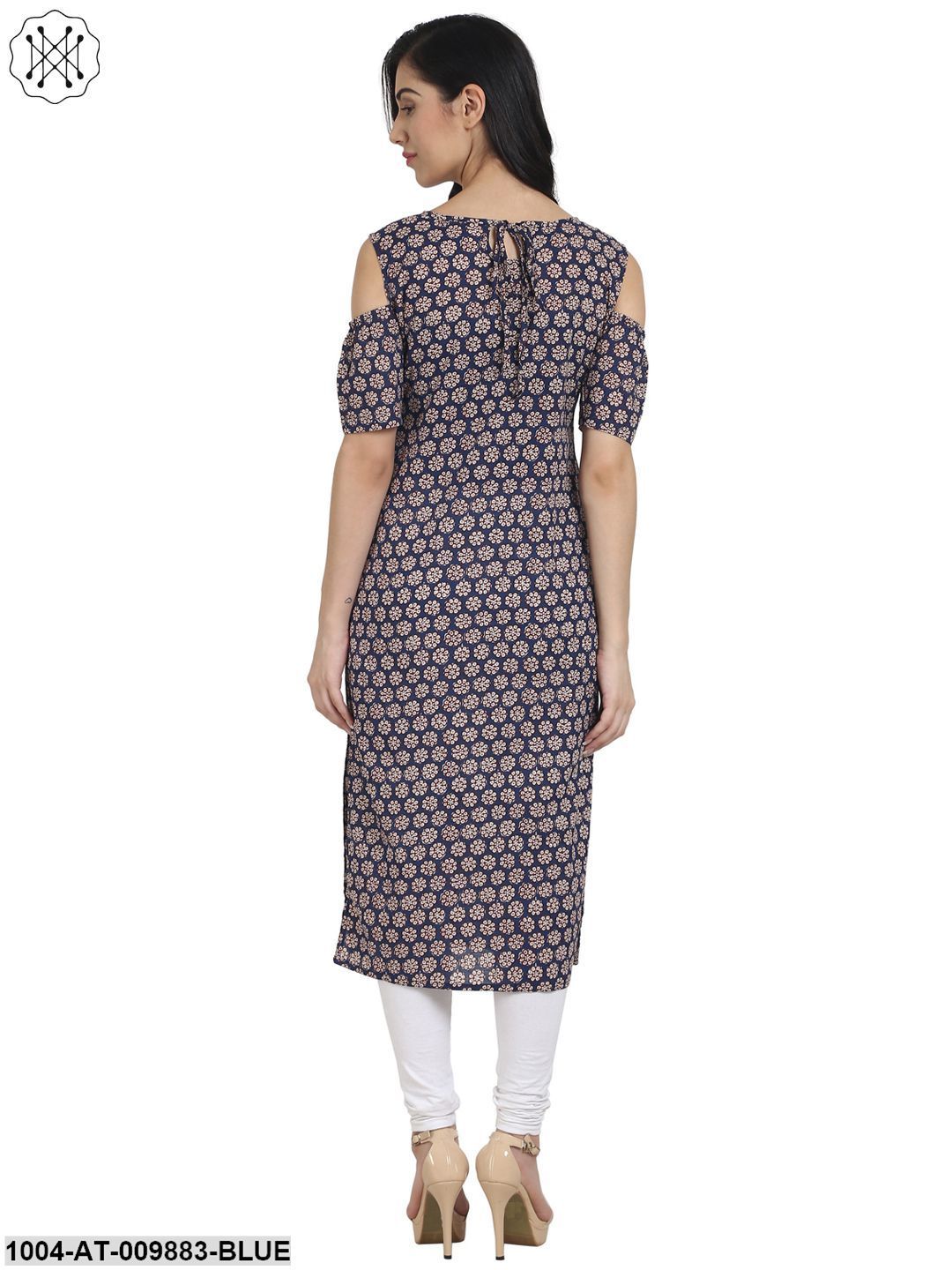 Blue Printed Cold Shoulder Half Sleeve Cotton Kurta