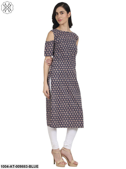 Blue Printed Cold Shoulder Half Sleeve Cotton Kurta