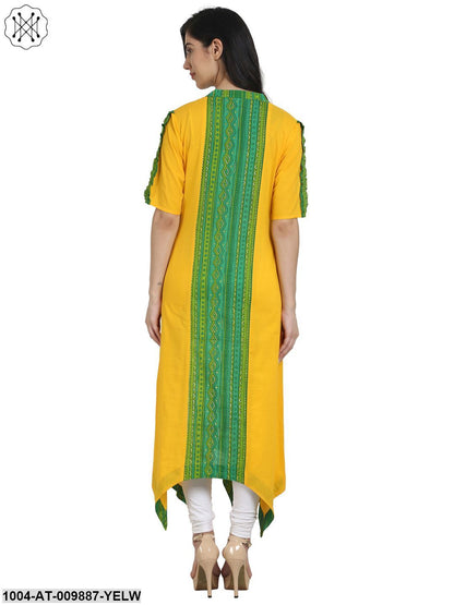 Yellow & Green Printed Half Sleeve Cotton Assymetric A-Line Kurta