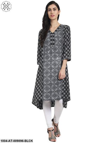 Black Printed 3/4Th Sleeve Cotton Low-High Kurta