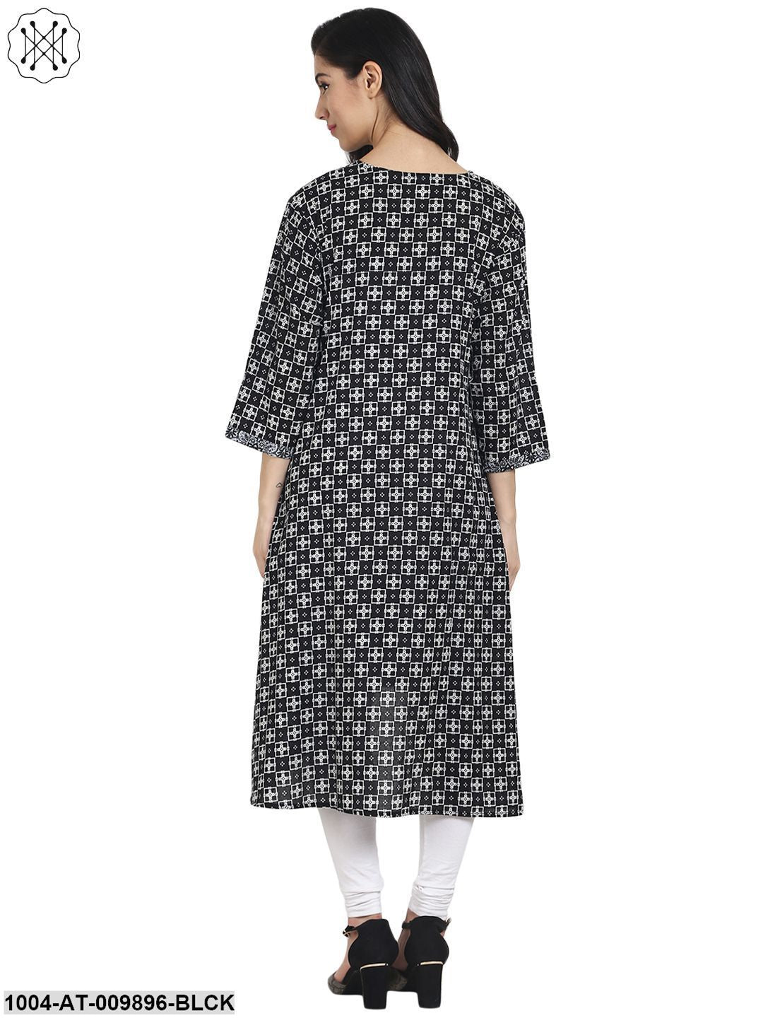 Black Printed 3/4Th Sleeve Cotton Low-High Kurta