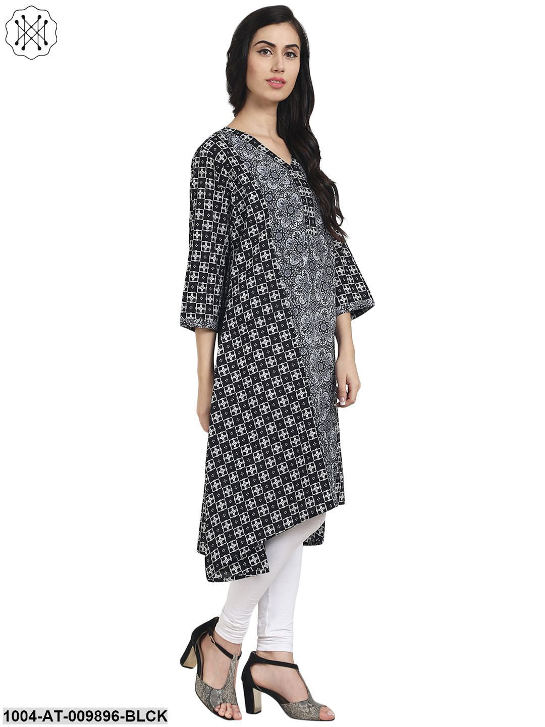 Black Printed 3/4Th Sleeve Cotton Low-High Kurta