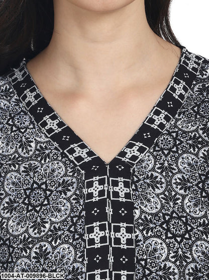 Black Printed 3/4Th Sleeve Cotton Low-High Kurta