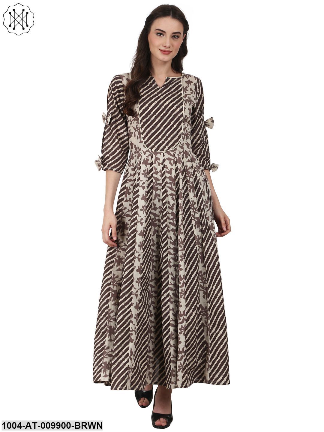 Brown Printed 3/4Sleeve Cotton Anarkali Kurta