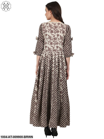 Brown Printed 3/4Sleeve Cotton Anarkali Kurta