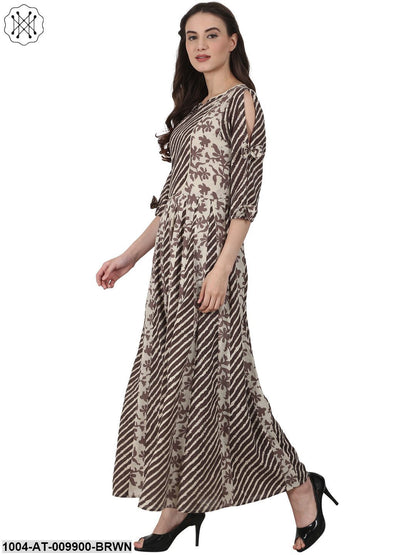 Brown Printed 3/4Sleeve Cotton Anarkali Kurta