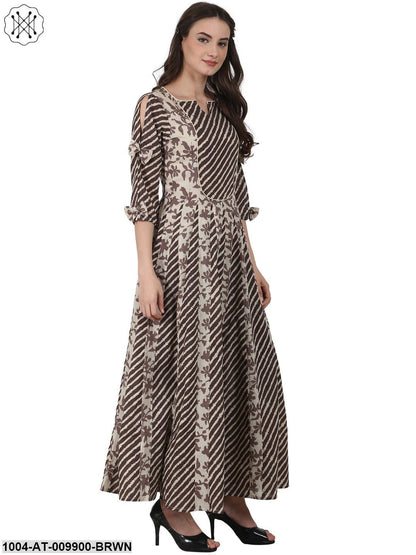 Brown Printed 3/4Sleeve Cotton Anarkali Kurta