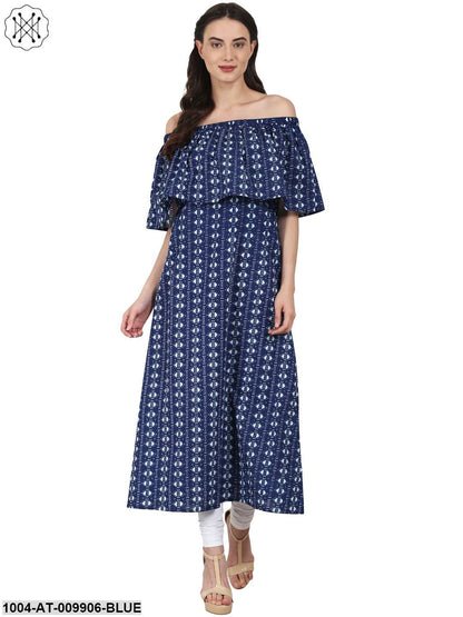 Blue Printed Drape Shoulder Sleeve Maxi Dress